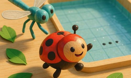 Une petite coccinelle en bois rouge sautant de joie au bord d’une piscine vide, une libellule en bois turquoise posée derrière elle tendant une aile pour aider; au fond, carrelage bleu clair avec traces d’eau brillante et quatre petits points noirs, le tout sur une table en bois clair décorée de quelques feuilles en papier, éclairé d’une lumière douce et chaude aux ombres courtes.