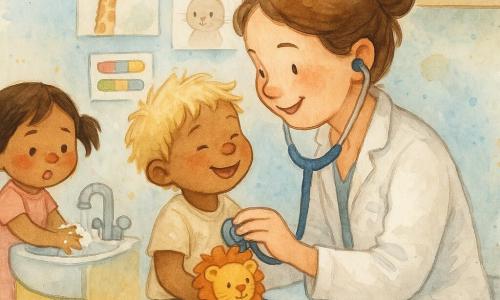 La médecin Zoé, souriante, cheveux châtains en chignon et blouse blanche, ausculte doucement le cœur de Léon, 4 ans, cheveux blonds en bataille, assis sur la table d'examen avec son doudou lion orange en riant; Mila, 3 ans, cheveux bruns en couettes et nez un peu rouge, se lave les mains au petit lavabo coloré; salle lumineuse aux murs pastel avec affiches d'animaux, pansements et étagère de jouets; ambiance calme et rassurante avec touches d'aquarelle pour plus de chaleur.