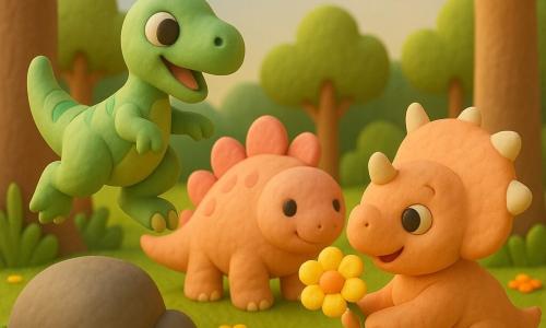 Un petit vélociraptor vert tendre à rayures claires, yeux ronds et souriant, saute d’un rocher; à sa droite, Tino le tricératops rond et doux, peau beige rosée et cornes courtes, tend délicatement une grande fleur jaune; un peu derrière et à gauche, Sacha le stégosaure timide avance doucement avec ses plaques roses et un petit sourire; le tout dans une forêt lumineuse aux grands troncs lisses, tapis d’herbe, fleurs éparses et ciel bleu au soleil bas, ambiance chaleureuse et câline en couleurs pastel et formes arrondies.