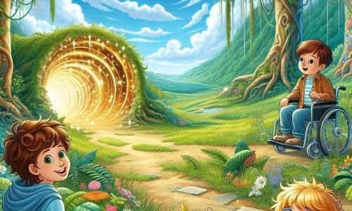 Au centre de l'image, Camille, 10 ans, aux cheveux châtains bouclés et grand sourire, admire un tunnel scintillant émettant une lumière dorée. À sa droite, Lucas, 11 ans, cheveux blonds en bataille et yeux pétillants, pointe le tunnel avec excitation. À gauche, Timothée, 10 ans en fauteuil roulant, lunettes rondes, prend des notes dans son carnet de croquis. Le décor est une clairière verdoyante entourée de grands arbres et de fougères, avec des fleurs colorées et un ciel bleu parsemé de nuages. Les enfants, fascinés, se préparent à entrer dans le tunnel mystérieux pour une aventure incroyable dans le temps, au cœur de la nature préhistorique.