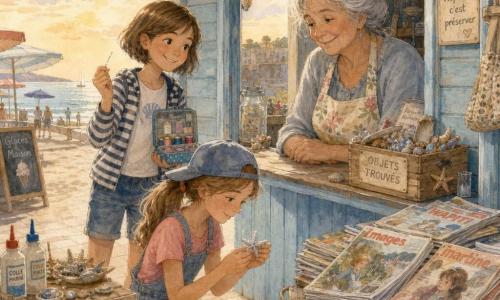 Trois personnages se tiennent devant un petit kiosque de plage en bois bleu pâle : Lina, 11 ans, queue de cheval châtain clair et casquette de travers, agenouillée sur le tapis rayé et tendant délicatement une petite étoile de nacre recollée ; Zoé, 12 ans, cheveux bruns courts et sourire malicieux, debout derrière Lina et montrant une aiguille depuis un mini-kit de couture ouvert ; Mme Pierre, environ 60 ans, cheveux gris en chignon et tablier à fleurs, assise derrière le comptoir qui reçoit avec émotion le bracelet réparé. L’ambiance est intime et joyeuse, lumière chaude de fin d’après-midi, sable et coquillages autour, une boîte “objets trouvés” et une petite table d’artisane avec colles et coquillages complètent la scène, la promenade, des parasols et la mer scintillante apparaissent à l’arrière-plan.