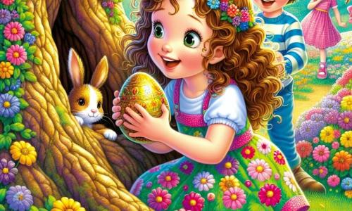 Emma, 12 ans, avec des cheveux bruns et bouclés, sourit joyeusement en découvrant un œuf de Pâques doré près d'un vieux chêne. Son petit frère Tom, 6 ans, aux cheveux blonds en bataille, tient un lapin en peluche et regarde l'œuf avec émerveillement. Leurs amis Lucas, 12 ans, avec des lunettes, et Chloé, 11 ans, avec des tresses, les encouragent près d'un jardin fleuri. La scène se déroule dans un jardin ensoleillé, créant une ambiance joyeuse et festive. Emma, enthousiaste, partage ce moment spécial avec son frère et ses amis.