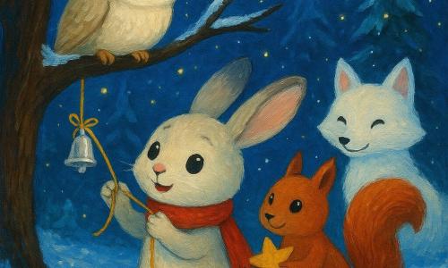 Lune, un jeune lapin aux longues oreilles grises et une écharpe rouge, noue un fil doré autour d'une clochette en argent sur une branche. Mira, une chouette crème, observe depuis une branche au-dessus. Chiffon, un écureuil roux, tient une feuille étoilée à côté de Lune. Plume, une renarde blanche, sourit en arrière-plan. La scène se passe dans une clairière enneigée avec des sapins givrés et des lucioles hivernales. Lune et ses amis créent un moment magique et chaleureux dans la forêt.