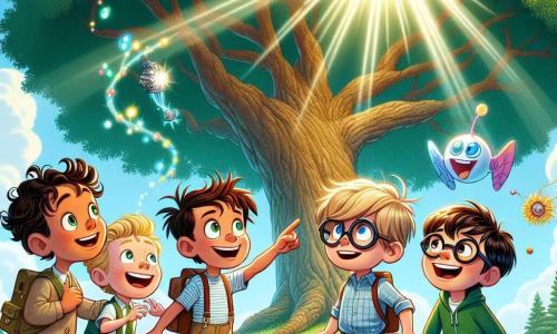 Quatre garçons se tiennent autour d'un grand chêne aux feuilles vertes. Hugo, 10 ans, pointe le ciel avec émerveillement. À sa droite, Max, 9 ans, avec des lunettes rondes, observe un vaisseau spatial brillant. À gauche, Tom, 11 ans, rit en essayant d'attraper une bulle créée par Zizzle, un extraterrestre rose en forme de nuage. Blip, l'extraterrestre bleu, flotte au-dessus d'eux, dansant joyeusement. Le décor est un parc ensoleillé avec des fleurs colorées et un ciel bleu. Les enfants et les extraterrestres interagissent joyeusement, symbolisant l'amitié entre deux mondes, avec le vaisseau spatial en arrière-plan, prêt pour de nouvelles aventures.