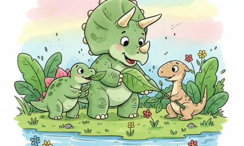 Trois dinosaures amicaux au bord d’une rivière scintillante — un tricératops vert tendre aux cornes crème tenant une grande feuille, un stégosaure rose croquant une feuille à sa gauche, et un petit vélociraptor beige timide aidé par les autres à droite — réunis autour d’une feuille, gestes d’entraide et d’amitié, formes rondes, traits épais et couleurs douces.