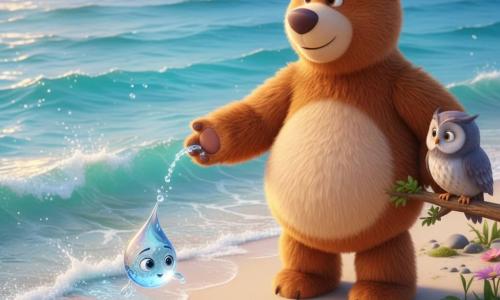 Un gros ours en pelage brun doux au ventre rond, yeux brillants et sourire calme, regarde la mer émerveillé, une patte tendue vers les vagues ; au premier plan une petite goutte anthropomorphe scintillante aux reflets bleus et argentés roule vers l’eau avec de grands yeux curieux ; un hibou sage au plumage gris-bleu est perché sur une branche à droite et observe la scène ; vaste mer turquoise aux reflets dorés, rivage de sable crème parsemé de galets et d’algues, lumière chaude de coucher de soleil rose-orangé et bleu tendre, atmosphère sereine et magique de découverte.