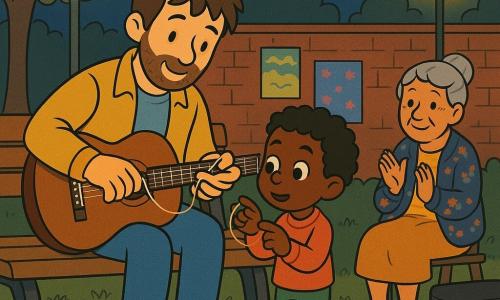 Hugo, visage doux et barbe légère, assis sur un banc en bois sous des lampadaires jaunes, remplace une corde d’une guitare en acajou avec des gestes précis et bienveillants ; un garçon d’environ six ans, cheveux bouclés et yeux curieux, l’imite en regardant la corde neuve, tandis qu’une grand-mère aux cheveux gris en chignon, veste à fleurs, applaudit doucement avec une petite cuillère ; lieu : petit square de quartier la nuit, mur de brique affiché, tapis d’herbe, caisse claire et instruments posés derrière le banc, ambiance intime, chaleureuse, couleurs chaudes et style bande dessinée clair et expressif.