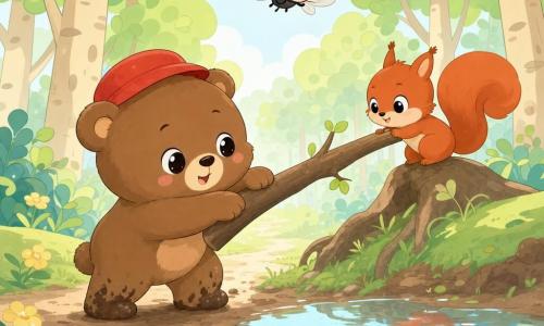 Petit ourson en peluche brun au visage joyeux et chapeau rouge pousse une grosse branche avec effort et sourit; à côté, un petit écureuil roux à la queue touffue pousse la même branche depuis une racine; une coccinelle rouge à pois noirs vole au-dessus; forêt lumineuse aux troncs beiges, feuilles vert clair, fleurs jaunes et une flaque brillante près du sentier; scène calme et amicale, formes arrondies et palette douce.
