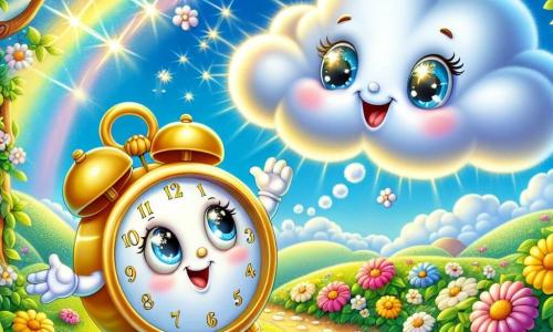 Une Petite Montre souriante, avec un visage rond et des aiguilles dorées, se tient sur un chemin fleuri, entourée de fleurs colorées. Elle a des yeux pétillants de curiosité et semble rêver. À côté, un Nuage léger et moelleux flotte dans le ciel, avec une expression amicale, descendant vers la Petite Montre comme s'il lui chuchotait un secret. Le paysage est enchanteur, avec des collines verdoyantes, un ciel bleu et des arbres aux feuilles brillantes. La Petite Montre et le Nuage discutent joyeusement, la montre rêvant de voler tandis que le Nuage lui montre le monde magnifique.