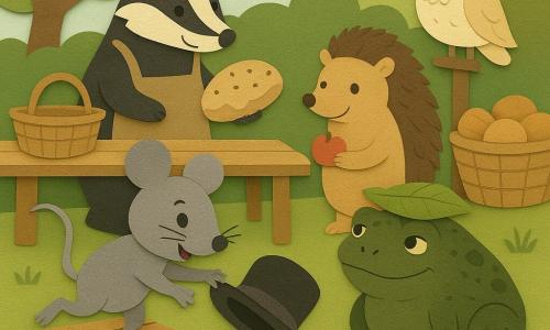 Une petite souris grise nommée Lili, malicieuse et joyeuse, tient un chapeau melon boueux sur une caisse en bois; à côté, Marcel le crapaud vert, boueux mais attendrissant, porte une feuille comme chapeau près d'une mare; un blaireau robuste dépose une grande galette aux graines sur une table de marché, un hérisson timide offre une mini pomme près d'un panier central tandis qu'une chouette crème observe depuis un poteau; dans la clairière ensoleillée aux tables en bois, paniers en osier et herbe verte, les animaux nettoient, rient et mettent biscuits, graines et plumes dans un grand panier commun après que le chapeau soit tombé dans la boue et ait fait rouler les cadeaux.