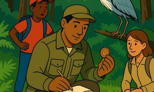 Un explorateur agenouillé près d’une source claire, carnet ouvert et crayon en main, observe une dalle gravée en tenant un jeton de bois ; à gauche un garçon d’environ 11 ans à la casquette rouge regarde émerveillé, à droite une femme d’environ 35 ans en tenue de marche sourit et écoute, un héron gris et blanc perché sur une branche au-dessus semble répondre ; clairière entourée d’arbres aux troncs mousseux, tapis de fougères, cercle de galets humides et rayons de soleil, moment calme et respectueux, couleurs contrastées (verts profonds, bleus clairs, bruns chauds, touches d’ocre).