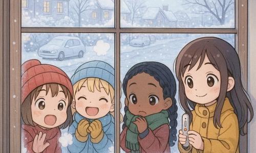 Quatre filles de 5 ans regardent l'hiver depuis une fenêtre embuée d'une rue enneigée au petit matin : Mila, cheveux bruns courts et bonnet rouge, colle son nez contre la vitre, émerveillée ; Zoé, blondes en couettes et bonnet bleu, rit doucement, mains en gants moutarde ; Inès, cheveux noirs tressés et écharpe verte, serre son écharpe et frissonne ; Jade, cheveux châtains longs en manteau jaune, tient un petit thermomètre près de la porte. Dehors, toits et voitures poudrés de neige, arbres givrés scintillants, pavé avec traces de pas et reflets bleutés ; leur souffle forme de petits nuages, des flocons tombent, ambiance calme aux teintes pastel froides et touches chaudes, style manga doux aux traits ronds et expressions émerveillées.
