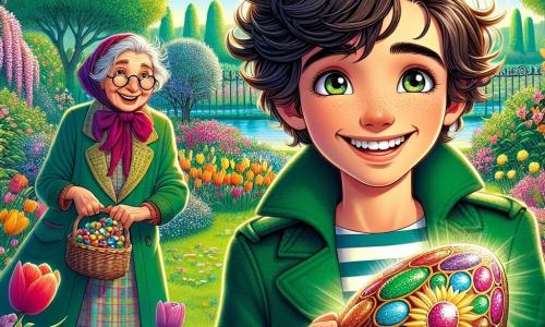 Un garçon de 12 ans, Maxime, souriant et tenant un œuf en chocolat coloré, se tient dans un jardin ensoleillé rempli de fleurs. À ses côtés, sa voisine Isabelle, une femme âgée souriante avec des lunettes rondes, observe la scène, un panier de bonbons à la main. Le jardin est plein de tulipes et de jonquilles, avec des œufs en chocolat cachés. Maxime découvre un œuf géant sous un buisson, entouré de ses amis émerveillés, créant une ambiance joyeuse et magique.