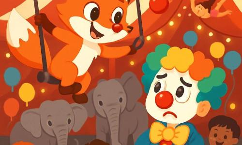 Un petit renard orange vif, nommé Filou, avec de grands yeux pétillants et un sourire malicieux, grimpe sur un trapèze à la recherche d'un nez rouge perdu. À côté, le clown Rigolo, au visage peint en blanc et au grand nez rouge, observe avec inquiétude. Le décor est une tente de cirque rayée rouge et blanche, ornée de lumières scintillantes et de ballons colorés, avec des éléphants majestueux en arrière-plan et des acrobates en costumes brillants. Filou cherche le nez rouge du clown, suspendu dans les airs, tandis que le public d'enfants émerveillés applaudit et rit, créant une ambiance joyeuse.