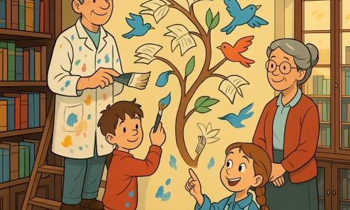 Louis, peintre calme et souriant aux cheveux poivre et sel, debout sur une marche avec une blouse tachée et un large pinceau, ajoute des oiseaux colorés qui semblent sortir des pages ; à sa gauche Jules, 8 ans, timide puis fier, peint une touche de bleu, une fillette de 7 ans aux cheveux tressés, enthousiaste et les mains peintes, montre une branche de pages, et madame Clara, bibliothécaire ronde et souriante d'environ 60 ans, observe près des étagères en bois ; intérieur : grande bibliothèque aux rayonnages sombres, fenêtre en arc laissant une lumière dorée, pots de peinture et cartons au sol, échelle appuyée au mur ; scène : création collective d'une fresque joyeuse représentant un arbre dont les branches deviennent des pages et des oiseaux qui s'envolent, ambiance chaleureuse, couleurs chaudes, lignes nettes et aplats de couleurs vives, rendu clair et lisible pour enfants.