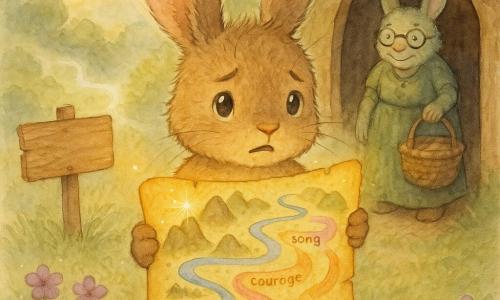 Petit lapin anthropomorphe brun clair aux grandes oreilles souples tient une carte dorée dans ses pattes, regard déterminé et un peu intimidé, posture droite, pelage mouillé de rosée et yeux brillants; Mamie Mousse, vieille lapine au pelage gris‑vert et lunettes rondes, se tient en retrait à la porte du terrier, souriante, main sur un panier; sur un panneau en bois la carte scintille — rivières argentées, montagnes arrondies et trois chemins courbés nommés Brume bleue, Chant rose et Courage orange; décor : vallon matinal d’herbe perlée et petites fleurs mauves, lumières dorées et brume légère entre bosquets moussus; scène de départ pleine d’espoir et d’aventure, centrée sur l’échange entre le lapin, la carte lumineuse et la grand‑mère, style aquarelle doux à lavis transparents, contours fins à l’encre et palette pastel chaude.