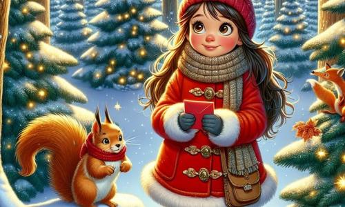 Émilie, une petite fille de 9 ans, se trouve au milieu d'une forêt enchantée, entourée de sapins couverts de neige. Elle a de longs cheveux bruns, des yeux curieux et porte un manteau rouge, une écharpe en laine et des bottes fourrées. Souriante et les joues rosies par le froid, elle tient une lettre rouge destinée au Père Noël. À ses côtés, un écureuil aux yeux brillants l'observe avec gratitude, tandis qu'un renard curieux se tient un peu en retrait. La scène, magique, est illuminée par des lumières scintillantes et des flocons d'or dansant dans l'air. Émilie, déterminée, s'apprête à remettre sa lettre, symbolisant l'esprit de Noël et la magie de l'entraide.