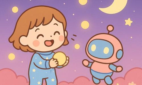 Léa, une fille aux cheveux courts châtain clair, souriante en combinaison spatiale bleu ciel à petites étoiles blanches, tient une balle de lumière jaune; Tobi, petit robot rond métallique pastel rose et bleu aux yeux lumineux, saute à côté d'elle en projetant des étincelles; sur la planète Amie au sol moelleux rose bonbon avec collines et fleurs lumineuses, sous un ciel violet dégradé étoilé et une grande lune, ils jouent avec des balles de lumière flottantes dans une ambiance chaleureuse et tendre, couleurs pastel, formes arrondies et contours doux.