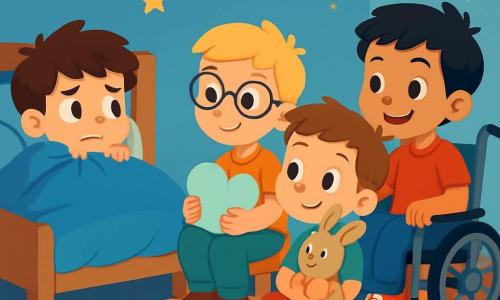 Il y a quatre enfants : Louis, un garçon de 6 ans avec des cheveux bruns en bataille et une expression d'inquiétude, allongé sur son lit sous une couette bleue ; Sami, avec des cheveux blonds et des lunettes rondes, assis sur le tapis avec un coussin nuage et un sourire rassurant ; Hugo, avec des cheveux châtains et un doudou lapin, prêt à écouter une histoire ; et Mathieu, avec des cheveux noirs dans un fauteuil roulant décoré, souriant près de la veilleuse. La chambre d'enfant est chaleureuse, avec des murs bleu clair, un tapis moelleux et des jouets éparpillés. Les quatre amis partagent des histoires drôles pour surmonter leur peur du noir, créant une atmosphère de rires et de complicité.