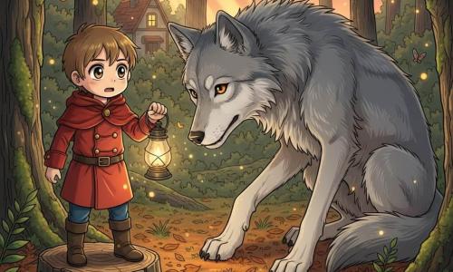 Garçon de 4 ans, cheveux châtain clair courts, regard courageux mais tremblant, manteau rouge à boutons dorés, tenant une petite lampe à huile allumée sur une souche d'arbre, face à un grand loup gris argenté aux yeux ambre, accroupi et curieux à quelques pas ; la mère est absente, une maisonnette lointaine à demi cachée par les arbres laisse filtrer une lumière chaude ; lisière de forêt au crépuscule avec feuilles orangées, troncs moussus et lucioles, atmosphère mystérieuse mais chaleureuse, fort contraste entre la lampe chaude et la lumière froide du soir.
