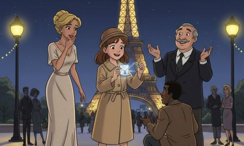 Marianne, environ 12 ans, rayonnante et fière, visage rond, cheveux bruns mi-longs sous un petit chapeau melon, manteau beige, tient un paquet scintillant ouvert montrant le collier retrouvé; Hector, environ 55 ans, sage et souriant, moustache grise, costume sombre et canne, se tient derrière elle, bras légèrement levés; Hermeline, environ 35 ans, émue et soulagée, robe longue nacrée, cheveux blonds relevés, se couvre la bouche en regardant le collier; le voleur, environ 30 ans, surpris et penaud, veste froissée, chapeau tombé, agenouillé devant Marianne; scène de nuit au pied de la Tour Eiffel avec lampadaires jaunes, guirlandes lumineuses, pavés humides réfléchissants et foule élégante en arrière-plan; composition centrée sur les personnages en cercle autour du trésor retrouvé, ambiance animée et couleurs vives.