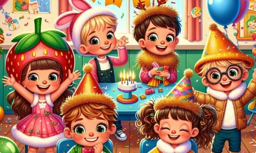 Dans une salle de classe décorée pour le Nouvel An, cinq enfants sont présents. Anaïs, 8 ans, avec de longs cheveux bruns et des lunettes, porte un chapeau en forme de fraise et tient une guirlande dorée. À côté, Lucas, 7 ans, avec des cheveux blonds en bataille et un chapeau à paillettes, agite un ballon coloré. Au centre, Lila, 6 ans, danse avec un chapeau en forme de lapin. À droite, Maxime, 8 ans et lunettes, lit un vœu à voix haute, souriant. Enfin, Camille, 7 ans, est assise par terre, prête à écrire son vœu. La salle est remplie de décorations festives, de guirlandes scintillantes et de ballons flottants. Les enfants préparent une boîte à vœux, écrivant leurs souhaits sur des feuilles de papier, entourés de rires et de chants pour célébrer la nouvelle année.