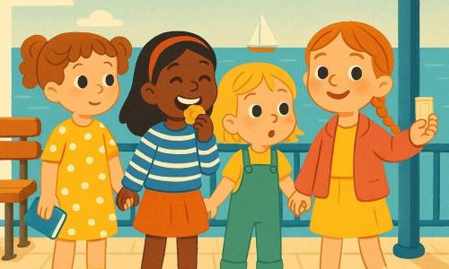 Quatre filles de 4 ans — Lina aux couettes châtain clair en robe jaune à pois tenant un petit carnet, Zoé aux cheveux noirs lisses et bandeau rouge qui mange un biscuit, Inès aux cheveux blonds courts en salopette verte collant son nez à la fenêtre et Mia aux tresses rousses en petite veste rose tenant un billet de train — se tiennent par la main sur un quai pavé en bord de mer, regardant la mer turquoise et des voiles au loin, joyeuses et émerveillées ; ambiance aux couleurs vives, formes simples et contours doux, bancs en bois, poteaux bleus et mouettes dans un ciel lumineux.