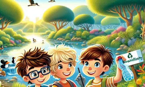 Trois garçons se tiennent au centre de la scène : Lucas, 10 ans, avec des cheveux bruns en désordre et des lunettes, sourit en tenant un panneau sur la biodiversité. À sa droite, Max, 9 ans, aux cheveux blonds, brandit une bouteille en plastique qu'il vient de ramasser. À gauche, Tom, 10 ans, avec des cheveux châtains, prend une photo avec son téléphone. En arrière-plan, la réserve naturelle est remplie d'arbres majestueux, d'un étang scintillant et de fleurs colorées. Les garçons ramassent des déchets pour nettoyer la réserve, entourés de sacs poubelles colorés, affichant enthousiasme et détermination pour protéger la nature et sensibiliser à l'écologie.