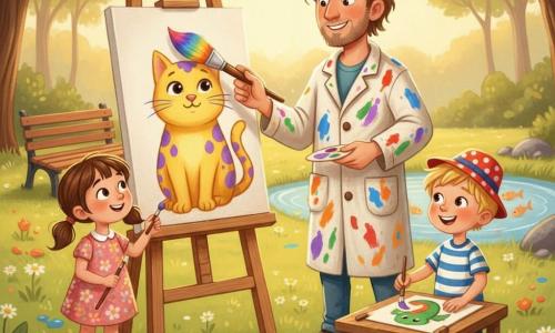 Léo, souriant et bienveillant, cheveux châtain clair en bataille et barbe légère, porte une blouse tachée de peinture et montre à Emma et Tom comment mélanger les couleurs devant un grand chevalet en bois ; Emma, une fillette aux couettes brunes en robe à fleurs, peint un chat jaune tacheté de violet à gauche, et Tom, un garçon au chapeau rouge et t-shirt rayé, peint un dragon vert souriant à droite sur une petite table, tandis que la scène joyeuse se déroule dans un parc ensoleillé aux herbes et marguerites, avec un banc, un petit étang et des arbres en arrière-plan, éclaboussures et pots de peinture autour, rendu en style pastel gras aux contours doux, couleurs saturées et textures visibles.