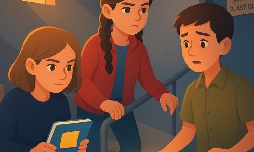 Mila, 12 ans, cheveux châtain mi‑long, visage concentré, accroupie près d’un extincteur tenant délicatement un cahier bleu avec un petit post‑it jaune ; Léo, 12 ans, timide et penaud, cheveux courts bruns, debout en retrait tenant une lampe torche allumée et un rouleau de scotch ; Inès, 12 ans, tresse sombre, expression décidée, proche de Mila, main sur la rampe ; cage d’escalier en spirale aux murs gris clair et marches en béton usé, petite fenêtre projetant une lumière orangée, deux petits miroirs alignés renvoyant un faisceau lumineux jusqu’à la porte de la salle d’arts plastiques, carton ouvert et papier bulle visibles, traces de craie, ambiance mystérieuse mais sûre avec ombres longues et reflets nets, composition mi‑large centrée sur les visages, le cahier bleu et la trajectoire lumineuse, palette lumière chaude et tons pastel, style graphique aux formes nettes, dégradés doux et ombres portées subtiles.