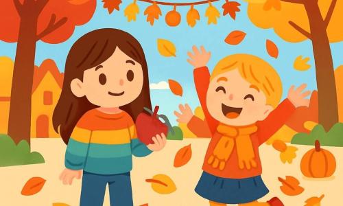 Deux personnages principaux : Lou, une petite fille de 7 ans avec de longs cheveux bruns, souriante sur un tas de feuilles, tenant une pomme rouge, et Emma, également âgée de 7 ans, avec des cheveux blonds en tresses, riant à côté de Lou, entourée de feuilles tombantes. Le lieu est une grande place du village ornée de guirlandes de feuilles colorées et de petites citrouilles, avec des arbres aux feuilles rougeoyantes et dorées sous un ciel bleu doux. Lou et Emma jouent ensemble dans les feuilles d’automne, créant une atmosphère joyeuse et festive.