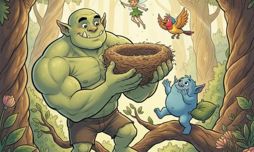 Grom, un grand ogre garçon musclé à la peau vert clair et sourire doux malgré ses dents pointues, tient délicatement un nid d'oiseau géant pendant que Bobo, ogre plus petit, rond et bleu, applaudit en sautillant sur une branche avec un coussin de feuilles ; la fée minuscule Lila, aux ailes iridescentes et cheveux dorés, flotte au-dessus en agitant une baguette scintillante pendant qu'un petit oiseau rouge et jaune s'envole depuis le nid réparé, le tout dans une clairière lumineuse d'une forêt enchantée aux arbres torsadés et fleurs géantes, ambiance chaleureuse et calme, couleurs vives, traits ronds et style bande dessinée européenne adapté aux enfants.