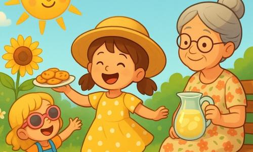 Trois personnages dans un jardin lumineux : Lola, 3 ans, cheveux bruns en couettes, robe jaune à pois blancs et chapeau de paille trop grand, tourne en riant au centre ; Zoé, 3 ans, cheveux blonds bouclés, salopette bleue et lunettes de soleil roses, à gauche tend une petite assiette de biscuits vers le ciel ; Mamie, environ 70 ans, cheveux gris en chignon, robe à fleurs et lunettes rondes, assise à droite sur un banc tenant une carafe de limonade et souriant; derrière elles un grand tournesol, pelouse verte, parterre de marguerites, table en bois à nappe à carreaux, quelques fourmis et miettes, et un soleil dans le ciel au visage souriant qui les regarde tandis que les filles chantent et dansent pour l'inviter à se reposer.