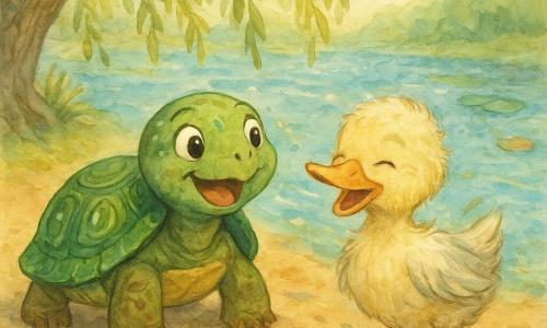 Une tortue nommée Olive, joyeuse et un peu surprise, carapace vert émeraude brillante à motifs concentriques, pattes boueuses, yeux ronds, assise sur la berge pour se sécher avec des éclaboussures sur sa carapace; à côté, un canard timide appelé Gustave, plumage jaune pâle aux reflets gris, ailes humides, riant en secouant la tête et inclinant le bec vers Olive; en arrière-plan, un saule penché, nénuphars flottants, feuilles emportées par le courant et une rivière bleue-verte légèrement agitée; ambiance joyeuse et mouvementée après une course de feuilles, touches aquarelle, couleurs douces et textures humides animées par des gerbes d'eau.