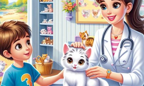 Dr. Amélie est une vétérinaire d'une trentaine d'années, avec de longs cheveux châtains en queue de cheval, portant une blouse blanche et un stéthoscope. Elle sourit chaleureusement en caressant la tête de Choupette, une petite chatte blanche, sur la table d'examen. À côté, Léo, un garçon de huit ans avec des cheveux bruns en bataille, observe avec curiosité. La scène se déroule dans une clinique vétérinaire colorée, avec des murs jaunes et des décorations d'animaux, et un jardin fleuri visible à travers une fenêtre. Dr. Amélie rassure Choupette avant son opération, tandis que Léo écoute attentivement ses explications.