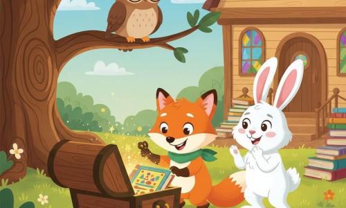 Rufus, petit renard orange au ventre blanc et à l’écharpe verte, curieux et joyeux, insère une clé brillante dans un coffre en bois; Lila, chouette brune aux lunettes rondes, perchée sur une branche, observe bienveillante; Max, lapin blanc duveteux aux grandes oreilles roses, applaudit; dans le jardin de la bibliothèque enchantée — grand arbre aux racines tourbillonnantes, pelouse fleurie et façade en bois à vitraux avec livres éparpillés — le coffre s’ouvre sur une lumière dorée et des étincelles révélant un grand livre illustré, ambiance chaleureuse aux couleurs pastel saturées, composition centrée sur le coffre et les visages émerveillés.