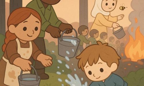 Le Petit Poucet, garçon déterminé, cheveux châtain clair en bataille, pose un petit caillou blanc sur la mousse ; à sa gauche Lila, potière rousse en tablier, passe un seau d’eau, derrière elle Eliot, jardinier grand en veste verte, forme la chaîne de seaux, et à l’arrière Sara, apicultrice en robe jaune, éloigne doucement une abeille de la fumée dans une forêt crépusculaire aux troncs sombres et à la mousse épaisse ; des villageois font une chaîne pour éteindre des flammes en lisière, éclaboussures et fumée s’élèvent vers un ciel orangé ; palette douce et contrastée (verts tendres, bruns chauds, touches d’orange et bleu clair), style aux formes simples et traits arrondis, ambiance chaleureuse.