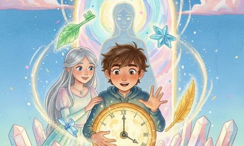 Lucas, garçon de 10 ans au centre, visage émerveillé et déterminé, cheveux bruns en bataille, mains tendues vers une horloge ancienne brillante; Lyra, fille d’environ 11 ans à gauche, cheveux argentés et robe chatoyante, souriante, main sur son épaule; le Gardien de l’espace-temps, silhouette mystérieuse et légèrement translucide, apparaît derrière l’horloge avec une aura douce et un regard bienveillant; trois clés en cristal flottent en cercle autour de l’horloge — clé-feuille verte, clé-étoile marine bleue, clé-plume dorée; sommet de la montagne de Cristal avec rochers facettés, stalactites prismatiques, neige pâle et reflets arc-en-ciel; un grand portail tourbillonnant de couleurs pastel s’ouvre derrière l’horloge, traits de lumière courbés et particules lumineuses; atmosphère magique et héroïque, éclairage chaud venant de l’horloge contrastant avec un ciel bleu profond et des nuages roses, texture gouache avec coups de pinceau doux et bords légèrement flous; composition centrée, personnages proches pour une scène intime et pleine d’espoir.