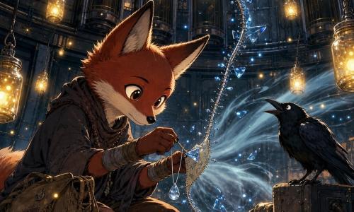 Nox, renard anthropomorphe au pelage roux foncé et ventre crème, yeux grands et curieux, accroupi et concentré, recoud une fissure lumineuse dans l’air avec un petit morceau de tissu brodé; sa sacoche en toile usée et une boîte à biscuits pleine de fragments métalliques et de perles sont posées à côté de lui. Un corbeau noir luisant, perché sur un boîtier électrique proche, le regarde avec amusement, bec légèrement ouvert. Des lucioles dorées flottent dans de petits bocaux de verre suspendus autour de la salle, leurs halos chauds éclairant doucement les visages. En arrière-plan, des ascenseurs chantants : cabines en verre fumé alignées, plaques de notes de musique au-dessus, écrans éteints et câbles tombants, le tout dans une vaste salle ronde aux murs métalliques et tuyaux apparents. La fissure ressemble à une fermeture éclair mal fermée, bordée d’éclats de verre bleu et de gouttes de pluie pétrifiées; Nox pose délicatement un triangle de verre et une perle de pluie pour recoudre la déchirure tandis qu’une brise lumineuse devient un souffle doux. Atmosphère contrastée entre métal urbain froid et néons lointains, et la lumière chaude des bocaux; style manga détaillé, traits nets, couleurs saturées mais tendres.