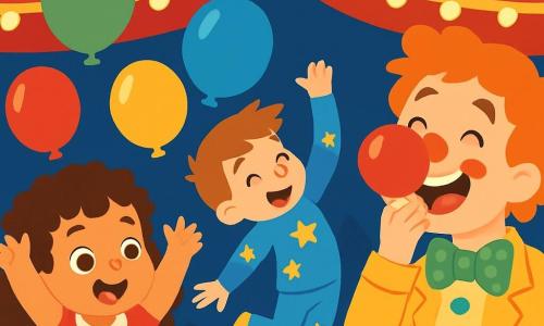 Zoé, une petite fille de 2 ans aux grands yeux brillants et cheveux bouclés, porte une robe rouge à pois blancs et sourit en levant les bras, entourée de ballons colorés. Léo, un garçon acrobate de 5 ans, saute en arrière avec un sourire espiègle, vêtu d'un costume bleu vif à étoiles dorées, prêt à attraper un ballon. Un clown jovial d'environ 30 ans, avec un nez rouge et des cheveux ébouriffés, rit après avoir reçu un ballon sur le visage. La scène se déroule sous un chapiteau de cirque aux couleurs vives, illuminé par des lumières scintillantes, avec des spectateurs applaudissant en arrière-plan. Zoé et Léo s'amusent ensemble, tandis que le clown rit de tout cœur.