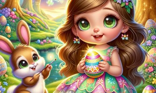 Lila, une petite fille de 4 ans aux longs cheveux bruns et aux yeux pétillants, est assise sur l'herbe d'une forêt magique. Elle porte une robe colorée avec des motifs de fleurs et tient un œuf brillant, émerveillée. À ses côtés, un petit lapin de Pâques aux grandes oreilles et à la fourrure douce l'encourage à peindre des œufs magiques. En arrière-plan, des arbres dorés et des fleurs multicolores dansent au vent, tandis que des œufs scintillants reposent au sol, illuminés par le soleil. Lila peint un œuf avec des étoiles, et la magie de Pâques crée une atmosphère joyeuse.