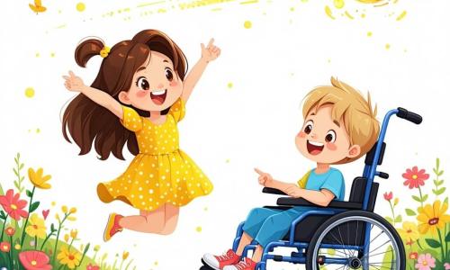 Dans un champ de fleurs multicolores, trois personnages principaux sont présents : Léo, une fille de 8 ans aux longs cheveux bruns, en robe jaune à pois, sautant de joie ; Max, un garçon de 9 ans aux cheveux blonds, assis dans son fauteuil roulant, souriant et pointant une comète dans le ciel ; et Zog, un petit extraterrestre vert de 1 mètre, dansant joyeusement entouré d'étoiles. Le champ est rempli de fleurs éclatantes et en arrière-plan, une colline douce et un ciel étoilé avec une comète illuminant la scène. Léo et Max regardent Zog danser, créant une ambiance magique et joyeuse.