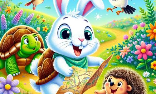 Léo, un lapin espiègle au pelage blanc, se tient dans un jardin coloré avec une carte au trésor. À ses côtés, Bella la tortue, curieuse, observe la carte, tandis que Max le hérisson s'approche joyeusement et Trixie la pie vole au-dessus d'eux. Le jardin est rempli de fleurs vives, de papillons et d'une fontaine scintillante, créant une ambiance printanière. Léo et ses amis sont prêts pour une aventure à la recherche des œufs de Pâques cachés.