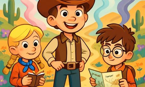 Jack Malone, un cow-boy de 10 ans, se tient au centre de la Vallée des Mirages, souriant avec détermination. Il porte un chapeau usé, un gilet en cuir marron et des bottes poussiéreuses. À ses côtés, Clara, 9 ans, aux cheveux blonds tressés et vêtue d'une chemise à carreaux rouge, observe avec curiosité en tenant un carnet. Billy, 10 ans, avec des lunettes et des cheveux bruns en bataille, examine une carte avec enthousiasme. La Vallée des Mirages est un paysage enchanteur, avec des collines fleuries, des cactus étranges et des pierres scintillantes. Jack, Clara et Billy hésitent entre les sentiers de la Lune, du Vent et des Ombres, entourés de mirages colorés qui compliquent leur choix.