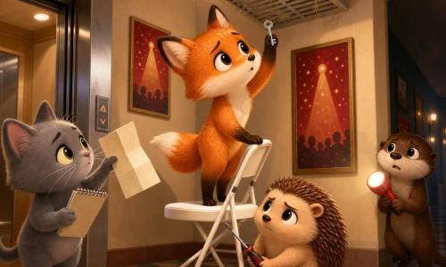 Roussel, renard chibi roux aux grands yeux, debout sur une chaise pliante blanche, tient une petite clé brillante et regarde une grille d’aération au plafond; Noa, hérisson chibi rond aux piquants châtain, accroupi près de la chaise avec un tournevis, fixe une boîte noire collée derrière la grille; Inès, chatte chibi grise au carnet à spirales, se tient en retrait à gauche en pointant un papier plié marqué NE REGARDE PAS EN HAUT; Lila, loutre chibi brune, maigre et vive, tient une lampe torche rouge dans l’ombre du couloir à droite, prête à éclairer la grille; lieu: hall d’immeuble coquet aux murs crème, affiches rouges «Salle des Lucioles», carrelage géométrique, ascenseur métallique ouvert et tapis d’entrée usé; ambiance: découverte et tension douce, lumière de torche créant des ombres, mystère enfantin, couleurs chaudes, style mignon et expressif.