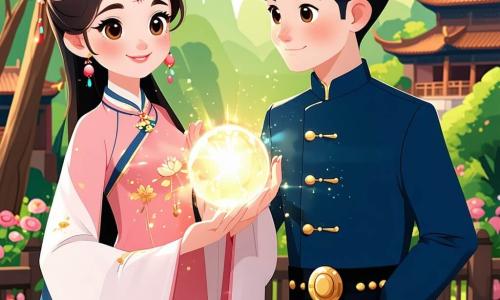 Mei Ling, une jeune femme de 16 ans, se tient au centre d'un jardin impérial, ses yeux brillants de détermination. Elle porte une robe de soie rose ornée de motifs floraux dorés et tient une orbe lumineuse. À ses côtés, Zhao, un garçon de 18 ans, en tunique bleu foncé, la regarde avec admiration. Li Wei, un homme d'une trentaine d'années, se tient en arrière, vêtu d'une robe de sage beige, observant la scène. Le jardin est enchanteur, rempli de fleurs de lotus et d'arbres aux feuilles dorées. Mei Ling lève l'orbe vers le ciel, des éclats de lumière en jaillissent, révélant la vérité cachée. Les visages de Zhao et Li Wei expriment émerveillement et détermination.