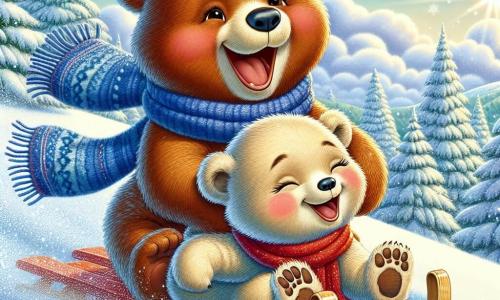 Au premier plan, Oscar l'ours, un ours brun curieux, glisse joyeusement sur une luge rouge, souriant et avec des joues roses. Il porte une écharpe bleue flottant dans le vent. À ses côtés, Lila, une ourse crème avec des taches brunes, rit en poussant sa luge en bas de la colline, pleine d'énergie. Le décor est une colline enneigée entourée d'arbres chargés de neige, sous un ciel bleu parsemé de nuages. Oscar et Lila dévalent la colline en riant, créant une atmosphère festive et joyeuse.
