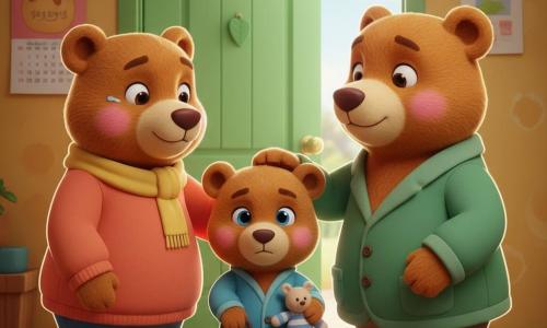Petit Ours, un petit ours en peluche debout au visage rond et aux joues rosées, tient fermement une valise rayée bleue et son doudou ; Maman Ours, en pull corail et écharpe jaune, sourit les yeux humides en posant une main sur l'épaule de Petit Ours à gauche de la porte, tandis que Papa Ours, en manteau vert, s'agenouille à droite en ébouriffant tendrement ses cheveux ; la porte verte, le paillasson usé et la lumière douce du matin créent une atmosphère chaleureuse et émotive au moment des adieux.