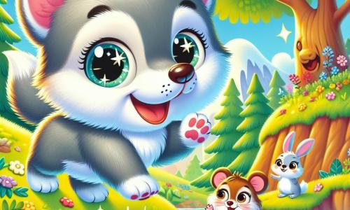 Un petit loup aux yeux pétillants et au pelage doux et gris se tient au bord d'une rivière scintillante, souriant joyeusement et prêt à sauter. À ses côtés, une petite souris brune aux grandes oreilles l'encourage en levant une patte, tandis qu'un lapin blanc amusé se tient un peu plus loin, prêt à applaudir. En arrière-plan, un grand arbre aux feuilles vertes s'élève sous un ciel bleu clair, avec des fleurs colorées le long de la rivière. La scène dégage une ambiance joyeuse et amicale, avec le loup entouré de ses amis.