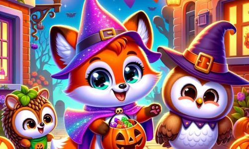 Un petit renard aux poils roux et brillants, avec de grands yeux joyeux, porte un costume de fantôme avec une cape violette scintillante. Il sourit en tenant un sac de bonbons. À ses côtés, une petite chouette déguisée en sorcière rit joyeusement. Un petit hérisson en costume de citrouille les regarde avec amusement. La scène se déroule dans une rue animée d'Halloween, illuminée par des lampions orange et décorée de citrouilles souriantes et de toiles d'araignée. Les maisons sont ornées de fantômes en papier et de squelettes dansants. Les trois amis, excités, s'apprêtent à sonner à la porte d'une maison décorée pour demander des bonbons.